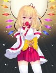  1girl alternate_costume backlighting bangs bare_shoulders blonde_hair blush bow breasts candy_apple commentary_request contrapposto cowboy_shot crystal dark_background detached_sleeves eating eyebrows_visible_through_hair flandre_scarlet food frills gradient gradient_background hair_between_eyes hair_ribbon japanese_clothes looking_at_viewer medium_hair miko no_hat no_headwear one_side_up red_eyes red_ribbon red_skirt ribbon rope shimenawa simple_background skirt small_breasts solo standing sunburst thighhighs tosakaoil touhou white_legwear white_robe wide_sleeves wings yellow_bow zettai_ryouiki 