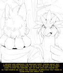  2020 3_fingers ambiguous_gender anthro avian beak biped black_and_white branch braviary canid canine chest_tuft clothed clothing comic detailed_background dialogue digital_drawing_(artwork) digital_media_(artwork) duo english_text eye_contact fan_character feather_hands feathered_wings feathers feral fidchellvore fingers forest front_view fur fur_tuft hair hand_on_chest head_tuft hi_res hildegard_(fidchellvore) line_art looking_at_another lucario male mammal monochrome nintendo nude open_beak open_mouth outside plant pok&eacute;mon pok&eacute;mon_(species) rear_view shirt short_hair shoulder_tuft sketch standing text three-quarter_view topwear torn_clothing torn_shirt torn_topwear tree tuft video_games wide_eyed wings yellow_text 