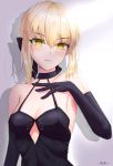  1girl artoria_pendragon_(all) bangs black_choker black_gloves blonde_hair blush breasts choker cleavage closed_mouth collarbone elbow_gloves eyebrows_visible_through_hair fate/stay_night fate_(series) gloves grey_background hair_between_eyes highres medium_breasts saber_alter shiny shiny_hair sidelocks signature solo upper_body xude 