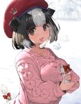  :d animal_ears aran_sweater bangs bell beret black_hair blurry blurry_background blush bottle bow breasts breath brown_eyes collarbone commentary_request cow_ears cow_girl cow_tail depth_of_field eyebrows_visible_through_hair hat holding holding_bottle holstein_friesian_cattle_(kemono_friends) kemono_friends_3 large_breasts long_sleeves looking_at_viewer milk_bottle multicolored_hair nauribon open_mouth pink_sweater red_bow red_headwear short_hair silver_hair sleeves_past_wrists smile snow sweat sweater tail tail_bell tail_bow tail_ornament two-tone_hair 