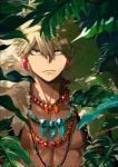  1boy bakugou_katsuki bangs beads blonde_hair blurry_foreground boku_no_hero_academia closed_mouth collarbone earrings frown fur_trim hair_between_eyes highres jewelry leaf looking_at_viewer male_focus mkm_(mkm_storage) nature necklace official_alternate_costume outdoors red_eyes short_hair signature spiked_hair toned tooth_necklace tree upper_body 