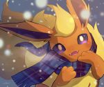  clothed_pokemon commentary fangs flareon floating_scarf gen_1_pokemon head_tilt highres looking_at_viewer no_humans nullma open_mouth plaid plaid_scarf pokemon pokemon_(creature) purple_eyes scarf smile snowing solo 