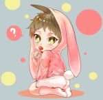  1boy ? ahoge animal_ears animal_hood bangs brown_eyes brown_hair bunny_ears bunny_tail candy chibi circle commentary_request danganronpa_(series) danganronpa_2:_goodbye_despair fake_animal_ears food food_in_mouth from_behind green_background hinata_hajime holding hood kneehighs lollipop looking_at_viewer looking_back male_focus seiza short_hair shorts sitting solo spoken_question_mark tail tuteurfars_shin white_shorts younger 