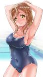  1girl armpits arms_up bangs bare_arms blue_swimsuit blurry blush breasts brown_hair cleavage closed_mouth collarbone competition_school_swimsuit contrapposto cosplay covered_navel cowboy_shot depth_of_field eyelashes gonta_(gshoutai) groin highres kunikida_hanamaru large_breasts lilith_aensland lilith_aensland_(cosplay) long_hair love_live! love_live!_sunshine!! one-piece_swimsuit pool poolside school_swimsuit skindentation smile solo spaghetti_strap swept_bangs swimsuit wet wet_clothes wet_hair wide_hips yellow_eyes 
