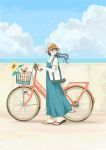  1girl absurdres aqua_eyes bag bangs bicycle bicycle_basket bird black_hair blue_dress blue_sky cloud cloudy_sky dog dress flower ground_vehicle hat highres horizon inoue_haruka_(haruharu210) long_hair open_mouth original sandals shirt short_sleeves shoulder_bag sky smile solo standing sunflower white_shirt wide_shot yellow_flower yellow_headwear 