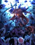  1girl arm_up belt blue_skirt blue_theme bow chain commentary cube cuffs debris destruction eyebrows_visible_through_hair feet_out_of_frame glowing glowing_eyes gourd grin hair_bow highres horn_ornament horn_ribbon horns ibuki_suika layered_skirt long_hair looking_at_viewer low-tied_long_hair motion_blur orange_eyes orange_hair pointy_ears pyramid_(geometry) ribbon shackles shirt skirt sleeveless sleeveless_shirt smile solo sphere standing sunyup touhou very_long_hair white_shirt 