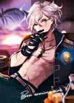  1boy abs drink edmond_dantes_(fate/grand_order) fate/grand_order fate_(series) glasses hertz_(tsuquart) key_necklace looking_at_viewer male_focus smoking summer white_hair yellow_eyes 