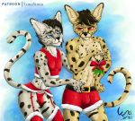  absurd_res anthro blue_eyes blush bulge christmas christmas_clothing clothed clothing duo felid feline fin_(lunasimia) girly hair hi_res holidays holly_(plant) lunasimia male male/male mammal plant red_eyes seductive serval simple_background smile sohan_(lunasimia) suggestive suggestive_look suggestive_posing 