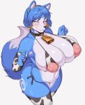 1girl 2021 absurdres animal_ear_fluff animal_ears animal_nose animal_print bell bell_collar belly big_belly bikini blue_fur blue_hair blush body_fur breasts bridal_gauntlets cervina chinese_zodiac cleavage clenched_hands collar collarbone colored_skin commentary cow_print cowbell curvy elbow_gloves english_commentary eyeshadow fingernails fox_ears fox_girl fox_tail furry gloves gold_hairband green_eyes grey_fur highres huge_breasts huge_nipples krystal long_tail makeup multicolored multicolored_skin navel nippleless_clothes print_bikini print_legwear short_hair skindentation snout solo standing star_fox star_fox_adventures swimsuit tail thick_thighs thigh_tattoo thighhighs thighs two-tone_fur two-tone_skin year_of_the_ox 