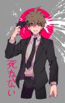  1boy absurdres ahoge arm_at_side bangs belt black_belt black_jacket black_neckwear black_pants brown_eyes brown_hair crazy_eyes cropped_legs danganronpa:_trigger_happy_havoc danganronpa_(series) finger_on_trigger formal grey_background grey_shirt gun gun_to_head hand_up highres holding holding_gun holding_weapon jacket looking_at_viewer male_focus naegi_makoto necktie official_alternate_costume open_clothes open_jacket pants red_background shirt short_hair sin11111 solo translation_request upper_body weapon white_blood 