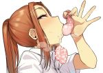  1girl blush brown_hair condom condom_in_mouth cum heart heart-shaped_pupils heavy_breathing highres holding holding_condom komi-san_wa_komyushou_desu long_hair looking_at_viewer mole mouth_hold onemine_nene ponytail red_eyes saliva shirt solo sound_effects sweat symbol-shaped_pupils upper_body used_condom wakamesan white_background white_shirt 