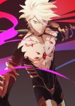  1boy armor blue_eyes fate/grand_order fate_(series) highres jewelry karna_(fate) koroponsu3 looking_at_viewer male_focus necklace shirtless simple_background white_hair 