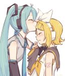  2girls aqua_hair aqua_neckwear arm_warmers bangs bare_shoulders black_sleeves blonde_hair blush bow collar commentary detached_sleeves forehead_kiss from_side grey_collar grey_shirt grey_sleeves hair_bow hair_ornament hairclip hand_on_another&#039;s_head hand_up hatsune_miku headphones highres kagamine_rin kiss long_hair m0ti multiple_girls neckerchief necktie sailor_collar shirt short_hair shoulder_tattoo sleeveless sleeveless_shirt smile swept_bangs tattoo twintails upper_body very_long_hair vocaloid wavy_mouth white_background white_bow white_shirt yellow_neckwear yuri 