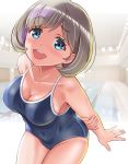  1girl arm_behind_back bare_arms bare_shoulders blue_eyes blue_swimsuit blush bob_cut breasts brown_hair cleavage collarbone competition_school_swimsuit covered_navel cowboy_shot eyebrows_visible_through_hair eyelashes gonta_(gshoutai) groin highres holding_arm large_breasts leaning_forward looking_at_viewer love_live! love_live!_superstar!! one-piece_swimsuit open_mouth school_swimsuit short_hair skindentation smile solo spaghetti_strap swimsuit tang_keke thick_eyebrows upper_teeth 