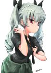  1girl anchovy_(girls_und_panzer) anzio_military_uniform bangs black_neckwear black_ribbon black_shirt buchikaki clothes_around_waist commentary dress_shirt drill_hair eyebrows_visible_through_hair girls_und_panzer green_hair hair_ribbon hand_in_hair leaning_forward long_hair looking_at_viewer loose_necktie military military_uniform necktie necktie_grab neckwear_grab pants parted_lips red_eyes ribbon shirt short_sleeves sleeves_rolled_up solo standing twin_drills twintails twitter_username uniform wing_collar 
