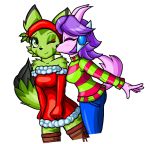  absolute_territory anthro black_nose blush carol_tea christmas clothed clothing dipstick_tail dragon dress duo eyes_closed felid feline felis female female/female freedom_planet freedom_planet_2 fur gerald_serault green_body green_eyes green_fur hair holidays holly_(plant) hybrid kissing legwear mammal multicolored_tail one_eye_closed plant purple_body purple_hair sash_lilac shirt simple_background stockings thigh_highs topwear video_games white_background wildcat 