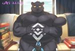  2021 anthro belly black_body black_fur cai1448331577 detailed_background felid feline fur furniture hi_res humanoid_hands kemono male mammal moobs nipples overweight overweight_anthro overweight_male sitting sofa solo 