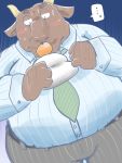  ... 2021 3:4 anthro belly bottomwear bovid bovine brown_body brown_fur cattle clothing dain_4201 food fur hi_res kemono male mammal necktie overweight overweight_male pants shirt solo topwear 