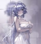  1girl arknights bare_shoulders blush breast_hold breasts chinese_commentary cleavage closed_mouth cowboy_shot eyepatch hair_between_eyes hair_over_one_eye hat highres light_purple_hair long_hair looking_at_viewer medical_eyepatch medium_breasts naked_towel nurse_cap purple_eyes shower_(place) solo tile_wall tiles towel wavy_hair wet wet_hair whisperain_(arknights) white_headwear yuja_tea 