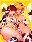  2021 2girls absurdres afro animal_ears animal_print asymmetrical_docking bell bell_collar belle_(cheunchin) bikini blonde_hair blue_eyes braid breast_press breasts brown_eyes brown_hair brown_horns cameltoe cheunchin chinese_zodiac coco_(cheunchin) collar commentary cow_ears cow_girl cow_horns cow_print cow_tail cowbell earrings english_commentary eyebrows_visible_through_hair eyepatch_bikini highleg highleg_leotard highres horns jewelry large_breasts legs_together leotard long_braid long_hair looking_at_viewer medium_breasts mole mole_under_eye multiple_girls o-ring_collar original over-kneehighs print_bikini print_leotard revealing_clothes short_hair shrug_(clothing) strapless strapless_leotard swimsuit tail thick_thighs thighhighs thighs twin_braids year_of_the_ox 