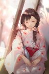  1girl bangs braid closed_eyes floral_print flower hair_flower hair_ornament hair_over_shoulder highres japanese_clothes kimono obi original petals sash single_braid solo soulkiller wide_sleeves 