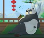  2020 anthro bao_(kung_fu_panda) belly black_body black_fur black_nose butt detailed_background dreamworks fur giant_panda kung_fu_panda male mammal overweight overweight_male solo themorghull ursid white_body white_fur 