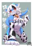  2021 5_fingers animal_print anthro blue_body blush chinese_zodiac claws countershade_torso countershading cow_print dragon female fingers hair hi_res horn solo white_hair wolflong year_of_the_ox 