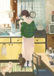  1girl absurdres black_hair bottle cat cellphone chair counter dress from_behind glasses hair_bun highres hood hood_down inoue_haruka_(haruharu210) kettle long_sleeves original phone profile sink solo standing table white_dress wide_shot window 