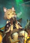  1girl animal_ear_fluff animal_ears bangs blunt_bangs campfire cup dutch_angle earrings gloves grey_eyes grey_hair hair_ornament hairclip hide_(hideout) highres jewelry looking_at_viewer mug original shooting_star short_hair sitting solo stargazing telescope thick_eyebrows thighhighs white_legwear 