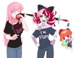  3girls :d bandaged_arm bandages black_bow black_shirt bow brand_name_imitation choker clothes_writing colored_inner_hair colored_skin commentary contrapposto denim diamond-shaped_pupils diamond_(shape) double_bun dr_pepper drinking english_commentary english_text green_choker green_eyes green_hair grey_pants grey_shirt grey_skin hair_bow hat heterochromia highres hololive hololive_indonesia impaled jeans jitome kureiji_ollie long_hair looking_at_another looking_to_the_side mori_calliope multicolored multicolored_hair multicolored_skin multiple_girls off-shoulder_shirt off_shoulder open_mouth orange_hair pants patchwork_skin pink_hair pointing pointing_at_self purple_eyes red_hair red_headwear ribbon_choker shirt short_sleeves sideways_glance signature simple_background smile stitched_arm stitched_face streaked_hair sword symbol-shaped_pupils takanashi_kiara virtual_youtuber weapon white_background wide_sleeves x_x yellow_eyes yoako zombie 