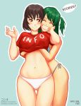  2girls ^_^ ass_visible_through_thighs bikini black_hair blue_bikini blush breast_grab breasts brown_eyes character_name character_request closed_eyes clothes_writing copyright_request curvy grabbing grabbing_from_behind green_hair grin groping hand_under_clothes hand_under_shirt koshio large_breasts multiple_girls one_side_up panties shirt shirt_lift side-tie_bikini skindentation smile swimsuit t-shirt thigh_gap underwear watermark web_address white_panties yuri 