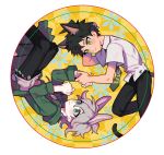  2boys ahoge animal_ears bangs black_pants brown_eyes brown_hair bunny_ears bunny_tail cat_boy cat_ears cat_tail commentary_request danganronpa_(series) danganronpa_2:_goodbye_despair extra_ears eye_contact feet_out_of_frame from_above green_jacket green_neckwear grey_hair grey_shirt highres hinata_hajime holding_hands hood hooded_jacket jacket kemonomimi_mode komaeda_nagito looking_at_another male_focus multiple_boys necktie open_clothes open_jacket pants rabbit_boy rotational_symmetry shirt short_hair signature sin11111 smile snowflake_print tail yaoi 