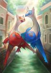  building canal closed_mouth commentary_request day eye_contact flying gen_3_pokemon highres kikuyoshi_(tracco) latias latios legendary_pokemon looking_at_another no_humans open_mouth outdoors pokemon pokemon_(creature) signature smile tongue yellow_eyes 