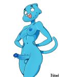  2020 anthro b-intend balls blue_body blue_fur blue_nipples bodily_fluids breasts cartoon_network crossgender digital_media_(artwork) domestic_cat erection felid feline felis ftg_crossgender fti_crossgender fur genital_fluids genitals gynomorph hands_on_hips hi_res humanoid_genitalia humanoid_penis intersex mammal navel nicole_watterson nipples nude penis precum simple_background solo the_amazing_world_of_gumball white_background 