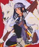  1girl ainu ainu_clothes artist_name asirpa bag bandana black_hair black_pants blue_bandana blue_eyes boots bow_(weapon) cape closed_mouth commentary ear_piercing earrings eyebrows fangs fur_cape golden_kamuy holding holding_knife holding_weapon hoop_earrings jewelry knife kokirikiwi lips long_hair long_sleeves looking_at_viewer pants piercing quiver red_background retar sheath simple_background sitting teeth weapon weapon_on_back white_cape white_footwear white_wolf wolf yellow_eyes 