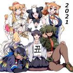  1other 2021 6+girls :d ;) abs androgynous animal_ears animal_print arm_support aurochs_(kemono_friends) bangs behind_another bell black_hair black_horns blonde_hair blue_eyes bow bowtie breast_rest breasts breasts_on_head broken_horn brown_eyes brown_legwear camouflage camouflage_shirt camouflage_skirt captain_(kemono_friends) chinese_zodiac cleavage closed_mouth coat cow_ears cow_girl cow_horns cow_print cow_tail cowbell cropped_shirt crown dark_skin dark_skinned_female dress elbow_gloves elbow_rest empty_eyes eyebrows_visible_through_hair fingerless_gloves gloves goshingyu-sama_(kemono_friends) green_hair grey_hair grey_horns guernsey_cattle_(kemono_friends) hair_between_eyes hair_bow hair_over_one_eye hand_on_own_cheek hand_on_own_face hand_rest hand_up head_rest height_difference highres holding holstein_friesian_cattle_(kemono_friends) horizontal_pupils horns huge_breasts jacket japanese_clothes jersey_cattle_(kemono_friends) kemono_friends knee_up leaning_forward long_hair long_sleeves low-tied_long_hair lying medium_hair microskirt midriff multicolored_hair multicolored_horns multiple_girls navel necktie on_stomach one_eye_closed open_mouth orange_hair pantyhose parted_bangs purple_eyes purple_horns quatre_aaaa shirt shoes short_hair short_over_long_sleeves short_sleeves side-by-side sign simple_background sitting skirt sleeveless sleeveless_shirt smile standing stomach tail toned two-tone_neckwear very_long_hair white_background white_hair yak_(kemono_friends) year_of_the_ox yellow_eyes yellow_horns yellow_shirt 