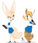  2018 4_fingers aggressive_retsuko ailurid anthro big_ears biped black_clothing black_eyes black_footwear black_nose black_shoes blue_bottomwear blue_clothing blue_skirt blue_topwear blue_vest bottomwear brown_inner_ear canid canine cellphone cheek_tuft clothed clothing digital_media_(artwork) duo eye_contact facial_markings facial_tuft female fennec fenneko fingers fluffy fluffy_tail footwear fox fully_clothed fur head_markings head_tuft high_heels holding_object kendraw looking_at_another looking_back mammal markings microphone multicolored_body multicolored_fur office_clothing orange_body orange_fur phone plantigrade prick_ears red_panda retsuko ringtail sanrio shadow shirt shoes signature simple_background skirt small_waist smartphone standing striped_tail stripes tan_body tan_fur text thick_thighs topwear tuft url vest watermark white_background white_body white_clothing white_fur white_inner_ear white_shirt white_topwear wide_hips 