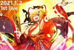  .live arm_up armpits blonde_hair breasts cleavage commentary_request concert dated detached_sleeves english_text gloves green_eyes kongou_iroha large_breasts long_hair looking_at_viewer one_eye_closed open_mouth rune_(ru-nn) stage 