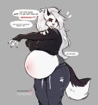  anthro belly big_belly big_breasts breasts canid canid_demon canine demon english_text exposed_belly hellhound helluva_boss hi_res loona_(vivzmind) mammal pregnant profanity solo speech_bubble text the_dogsmith wide_hips 