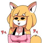  &lt;3 anthro breasts butterscotch_(peargor) canid canine canis clothing domestic_dog epsilon_eevee female hi_res mammal pink_clothing pink_shirt pink_topwear shiba_inu shirt simple_background solo spitz tongue tongue_out topwear 