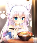  1girl :3 animal_ears bare_shoulders blue_eyes blush bowl breasts cat_ears cat_girl cat_tail collarbone cup cup_ramen eating eyebrows_visible_through_hair food green_tea hairband highres indoors kane-neko large_breasts long_hair noodles off_shoulder oppai_loli original ramen restaurant silver_hair solo steam tagme tail tea teacup 