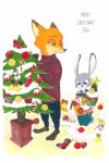  2016 anthro barefoot blush bodily_fluids bottomwear canid canine christmas christmas_tree clothed clothing dipstick_ears disney duo english_text fox fully_clothed fur ga0eq green_eyes grey_body grey_fur hi_res holiday_message holidays judy_hopps kneeling lagomorph leporid mammal multicolored_ears nick_wilde orange_body orange_fur pants plant purple_eyes rabbit red_fox simple_background standing sweat sweatdrop sweater text topwear tree white_background zootopia 
