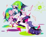  2girls agent_4_(splatoon) agent_8_(splatoon) amakusa_(hidorozoa) bangs bare_shoulders belly black_footwear black_shorts blue_eyes bracelet closed_mouth full_body green_hair grey_background grey_eyes headgear inkling jewelry looking_back looking_to_the_side lying multiple_girls octoling open_mouth shoes short_hair short_shorts shorts simple_background smile splatoon_(series) splatoon_2 squidbeak_splatoon tank_top 