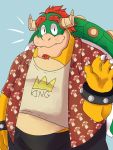  3:4 4_fingers anthro artzomb beard bowser casual_clothing claws clothed clothing english_text eyebrows facial_hair finger_claws fingers fully_clothed hair hi_res horn koopa looking_at_viewer male mario_bros nintendo red_hair reptile scalie smiling_at_viewer solo teeth_showing text text_on_clothing thick_eyebrows video_games waving_at_viewer yellow_body 