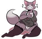  2020 anthro bottomless breasts chubby_female clothed clothing domestic_cat eyes_closed felid feline felis female front_view full-length_portrait genitals grin hand_on_chest hi_res legwear mammal nightgown portrait potbelly pussy samoyena slightly_chubby smile solo stockings tabatha_(samoyena) thigh_highs translucent translucent_clothing 