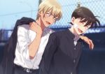 2boys :d ^_^ amuro_tooru bandaid bandaid_on_cheek bandaid_on_face bangs belt black_jacket blonde_hair blue_eyes blurry blurry_background blush brown_hair buttons chain-link_fence closed_eyes collared_shirt commentary_request dirty dirty_clothes dress_shirt fence from_side gakuran grey_pants hair_between_eyes hand_on_another&#039;s_shoulder happy jacket jacket_on_shoulders jacket_removed k_gear_labo kudou_shin&#039;ichi laughing long_sleeves looking_at_another male_focus meitantei_conan multiple_boys open_mouth pants school_uniform scratches shirt short_hair sleeves_rolled_up smile standing upper_body what_if white_shirt 