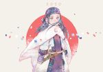  1girl 2020 ainu ainu_clothes asirpa bandana black_hair blue_bandana blue_eyes cape closed_mouth cowboy_shot ear_piercing earrings eyebrows flag_background fur_cape golden_kamuy grey_background highres hoop_earrings japanese_flag jewelry knife long_hair long_sleeves looking_at_viewer mudi_mudi piercing sheath sheathed simple_background smile solo standing white_cape wind 