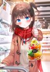  1girl bag bangs bell_pepper blue_eyes blurry blurry_background blush brown_hair brown_jacket closed_mouth food holding holding_bag indoors jacket long_sleeves looking_at_viewer medium_hair necktie original pepper pout rangu red_neckwear red_scarf scarf school_uniform shelf shop side_ponytail solo supermarket sweater uniform 