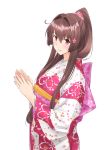  1girl alternate_costume brown_eyes brown_hair cherry_blossoms commentary_request floral_print flower hair_flower hair_ornament japanese_clothes kantai_collection kimono lips long_hair nuko_(phylactery) ponytail simple_background solo white_background white_kimono yamato_(kantai_collection) 