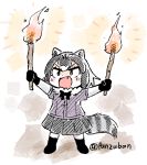  1girl :d animal_ears bangs black_gloves black_skirt bow bowtie brown_eyes chibi commentary common_raccoon_(kemono_friends) fang full_body fur_collar gloves grey_hair holding holding_torch kemono_friends open_mouth panzuban raccoon_ears raccoon_girl raccoon_tail short_hair short_sleeves simple_background skirt smile solo striped_tail tail torch twitter_username v-shaped_eyebrows white_background 